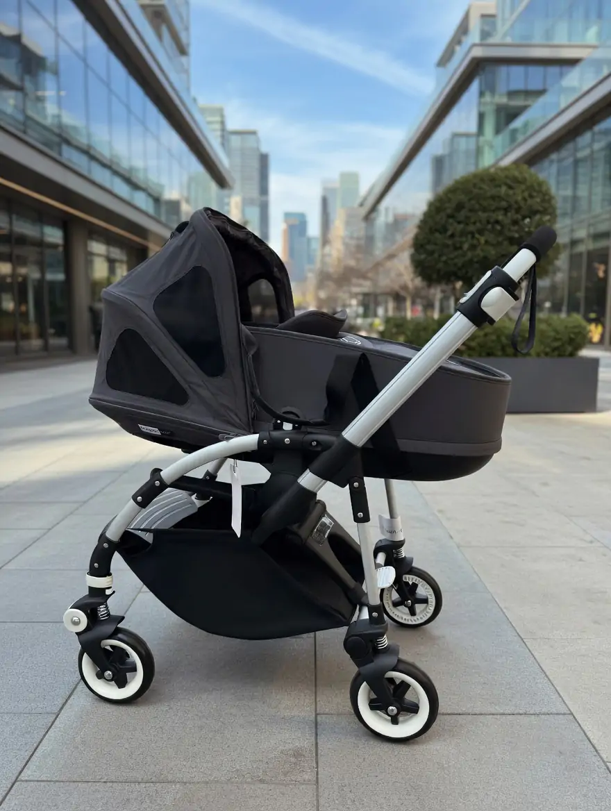 עגלת בוגבו בי 3 עם עריסה בצבע סטיל בלו וגגון בריזי בצבע סטיל בלו